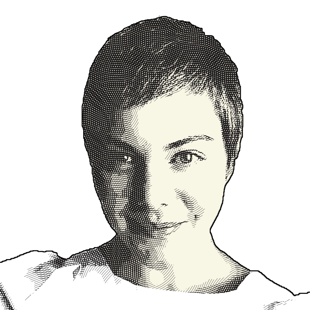 A portrait of a woman with short hair, stylized as an engraving