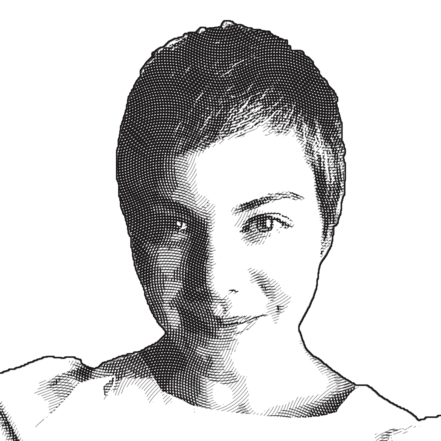 Black and white engraved portrait of a woman with short hair.