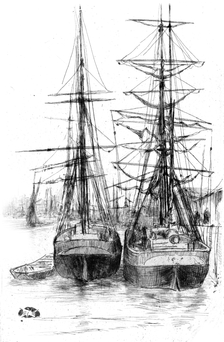 The pen and ink drawing “two ships” by James Whistler