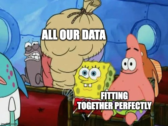 Meme image showing cartoon characters squashed into an airline row with the text all our data fitting perfectly together written on the image.